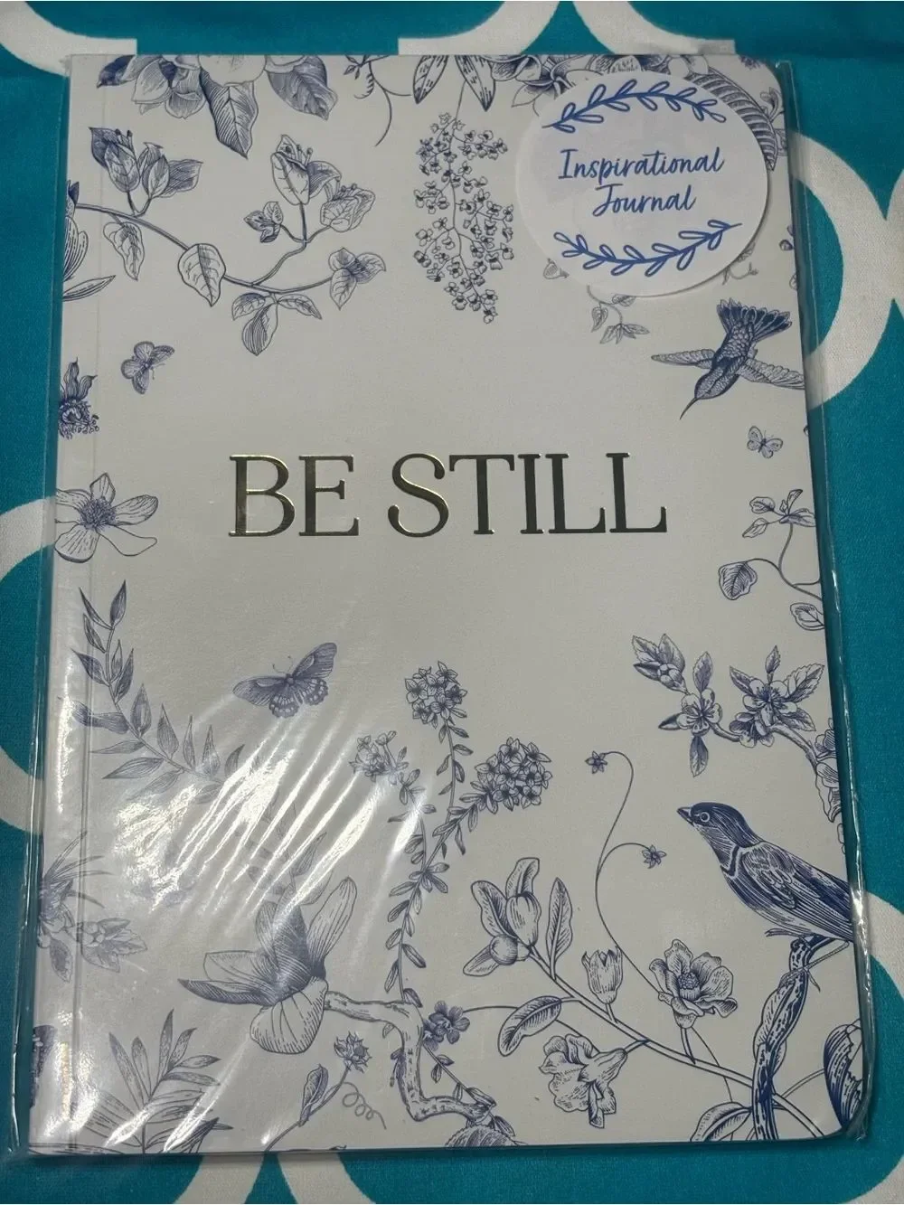 New BE STILL Inspirational Journal - White with Navy Botanical Print